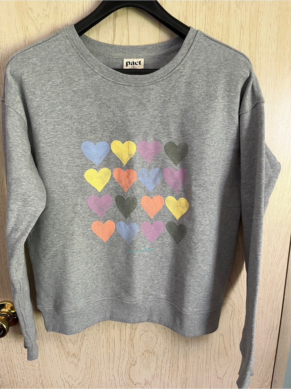 PACT Watercolor Hearts Cloud Brushed Fleece Crew Sweatshirt Love Sz Small
